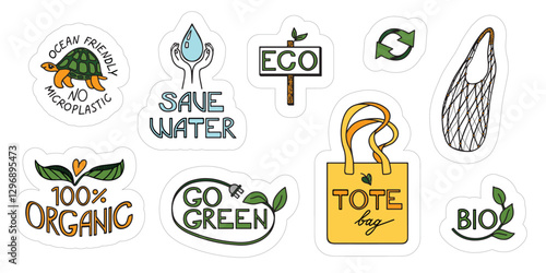 Sustainability Eco Sticker Set. Save Water sign, reusable bags, Organic products sign and Turtle as ecological symbol. Vector elements on isolated background
