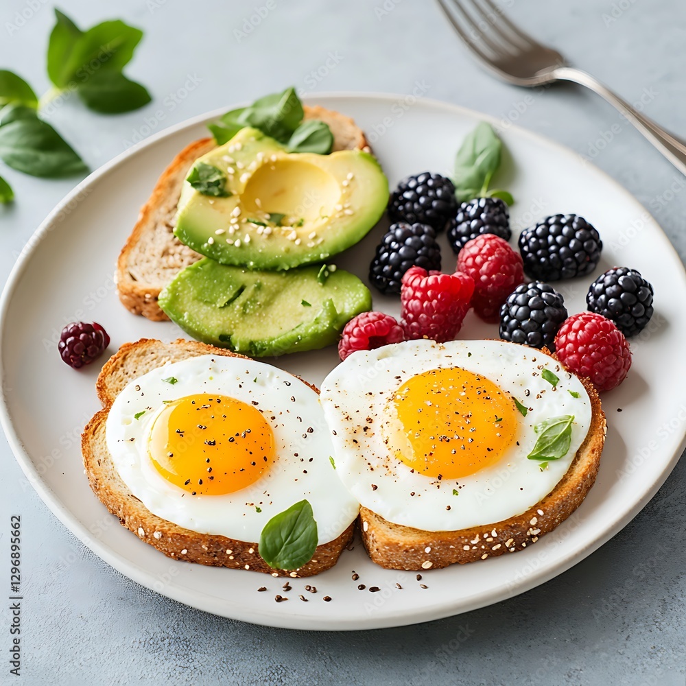 Healthy breakfast recipe with avocado toast and berries home kitchen food photography bright setting Healthy breakfast recipe with avocado toast and berries home kitchen food photography bright setting