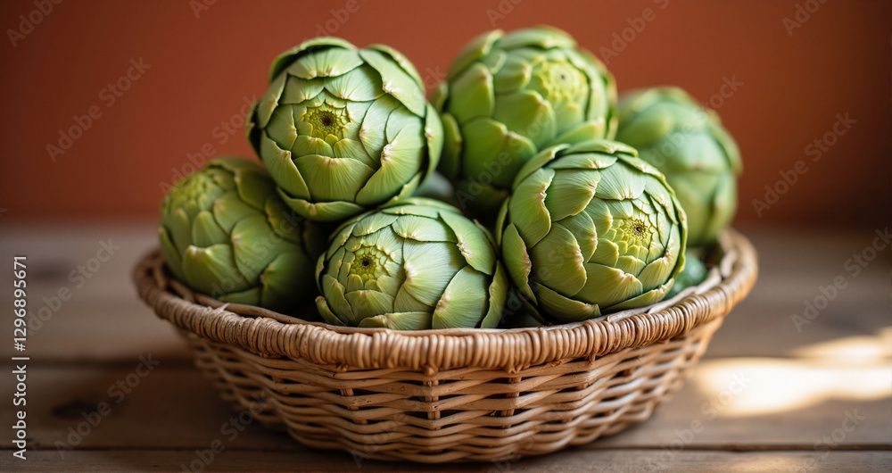 Fresh artichokes arranged in a wicker basket on a wooden table with warm lighting, healthy food concept, popularization of local farm products, photos for blogs and magazines Fresh artichokes arranged in a wicker basket on a wooden table with warm lighting, healthy food concept, popularization of local farm products, photos for blogs and magazines