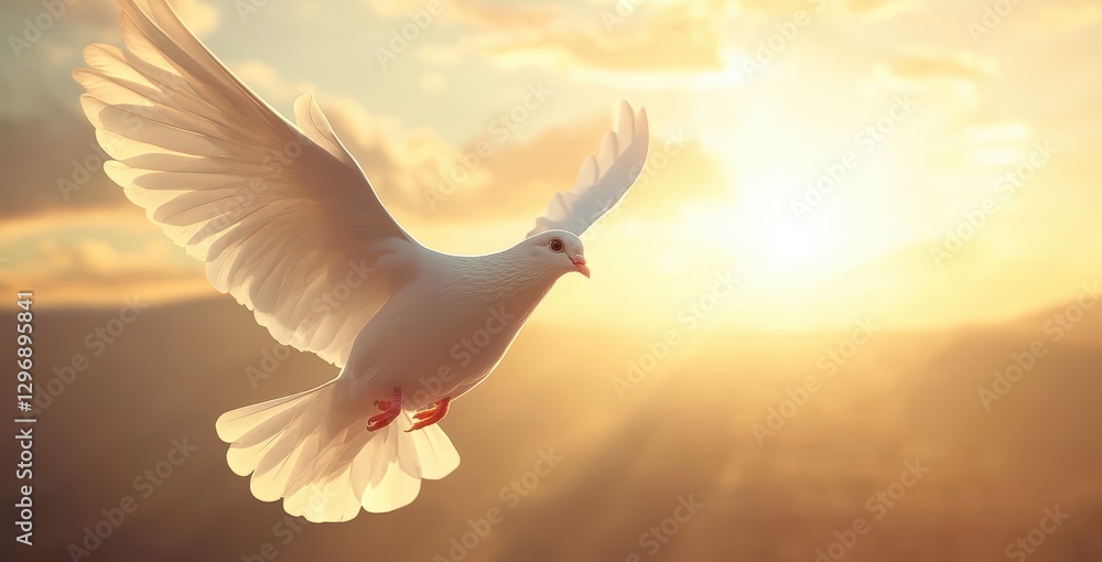 Fototapeta premium Majestic White Dove in Flight Against a Golden Sunrise Backdrop Highlighting Freedom and Peaceful Moments in Nature