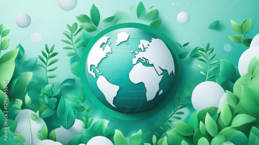 Lush Green Earth Surrounded by Leaves Symbolizing Environmental Sustainability and Global Harmony Lush Green Earth Surrounded by Leaves Symbolizing Environmental Sustainability and Global Harmony