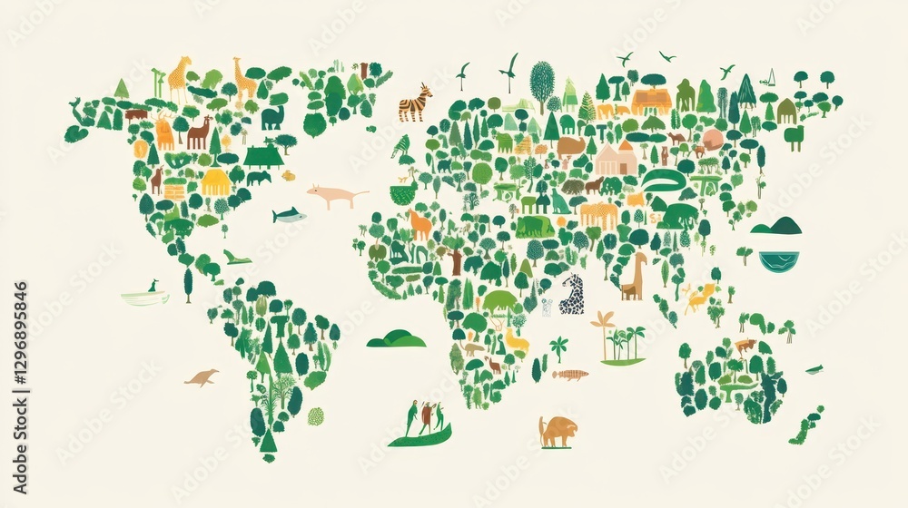 Fototapeta premium Illustrative World Map Showcasing Diverse Global Ecology with Stylized Animals and Trees