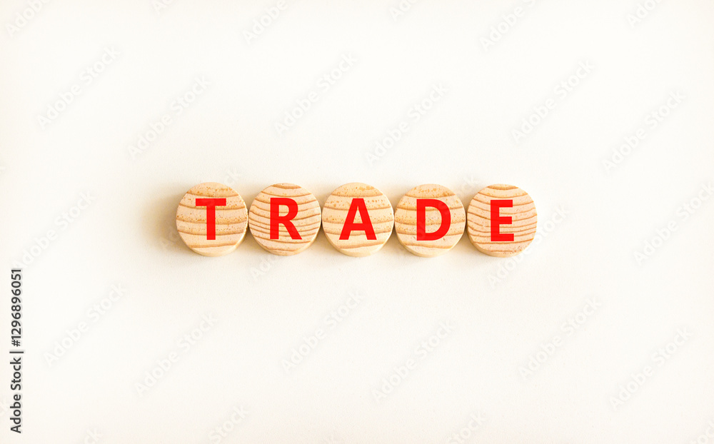Trade symbol. Concept word Trade on beautiful wooden circles. Beautiful white table white background. Business lifestyle trade concept. Copy space. Trade symbol. Concept word Trade on beautiful wooden circles. Beautiful white table white background. Business lifestyle trade concept. Copy space.