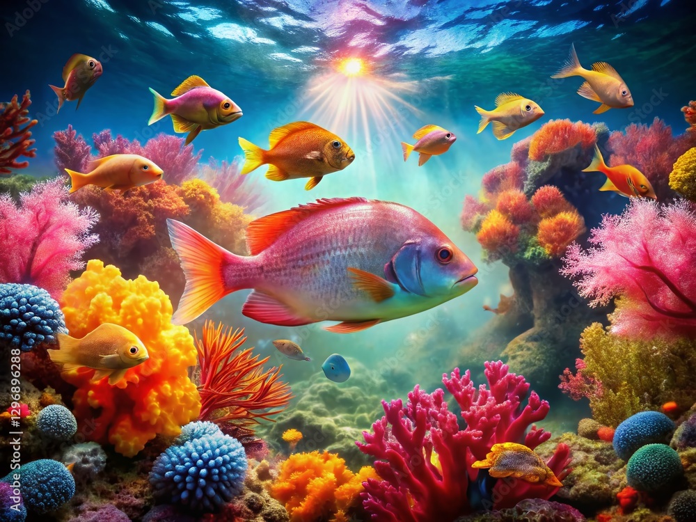 Naklejka premium Underwater Double Exposure: Barred Pargo Fish & Coral Reef