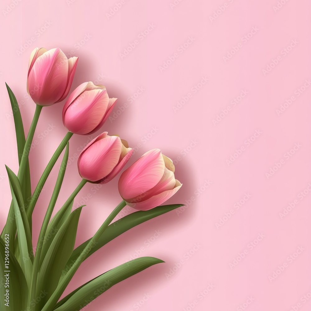 Elegant Tulips on Pink: A Delicate Floral Composition with Soft Light and Shadow Play, Perfect for Spring or Mother's Day Greetings Elegant Tulips on Pink: A Delicate Floral Composition with Soft Light and Shadow Play, Perfect for Spring or Mother's Day Greetings