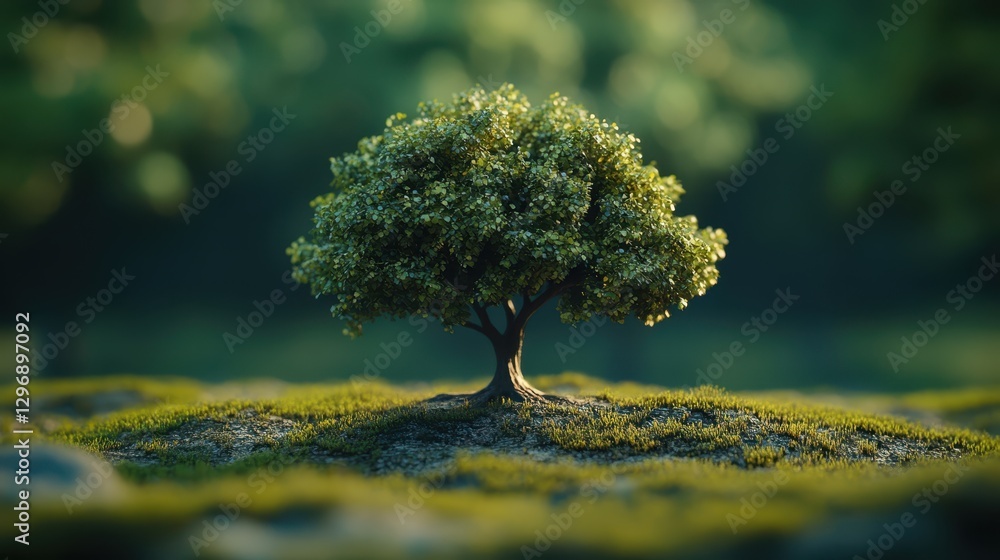Serenity in Nature. Lone Tree Anchored in Sea of Green Under Soft Sunlight Serenity in Nature. Lone Tree Anchored in Sea of Green Under Soft Sunlight