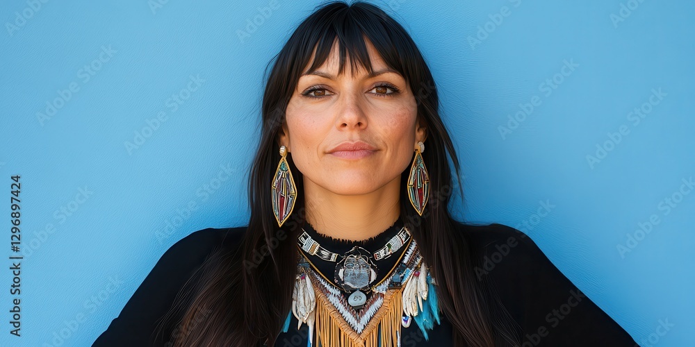 Fototapeta premium A woman stands confidently in front of a vibrant blue wall, adorned with traditional Indigenous jewelry and a beautifully detailed necklace, expressing cultural pride