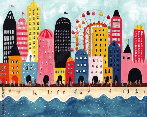 Vibrant Hand-Painted Cityscape Vector: Colorful Skyline, Beach, Ferris Wheel, and People Strolling by the Water - Ideal for Modern Urban Design and Art Posters