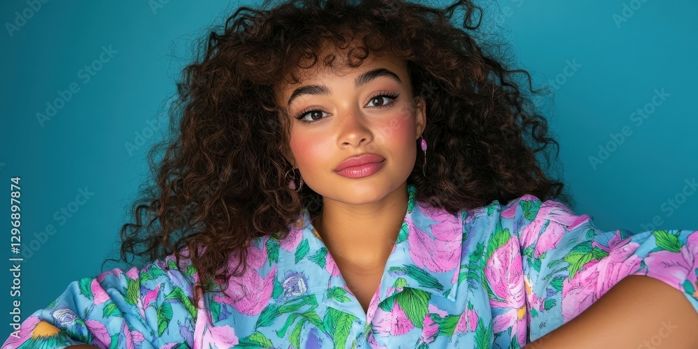 A young woman with curly hair poses confidently, wearing a floral-patterned shirt. The cheerful blue background enhances her expressive features and lively style A young woman with curly hair poses confidently, wearing a floral-patterned shirt. The cheerful blue background enhances her expressive features and lively style