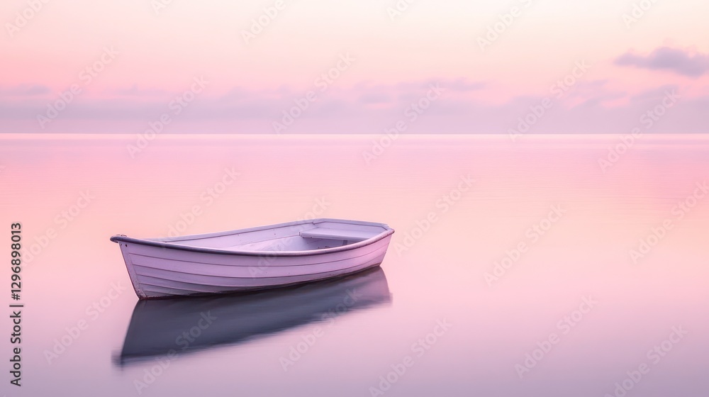 A small white boat floats calmly on the calm pink water A small white boat floats calmly on the calm pink water