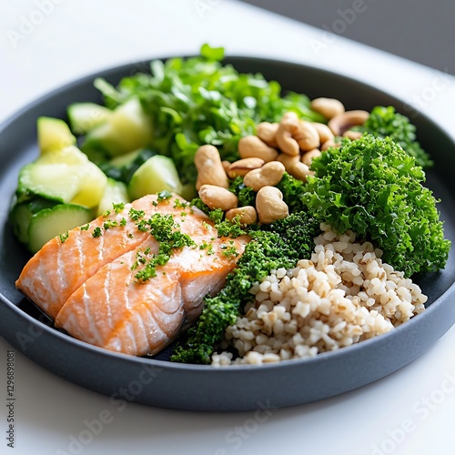 Bright kitchen food photography delicious salmon bowl with veggies and grains