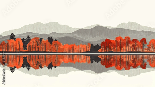 Stunning Vector Art of Autumn Trees Reflected in Serene Lake with Majestic Mountain Backdrop Amid Fall Colors Captures Nature’s Beauty and Tranquility