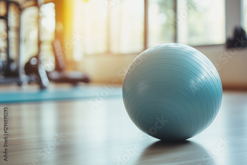 A fitness ball resting on a gym floor, bathed in natural sunlight. The blurred background and spacious room create a peaceful and motivating workout atmosphere.

