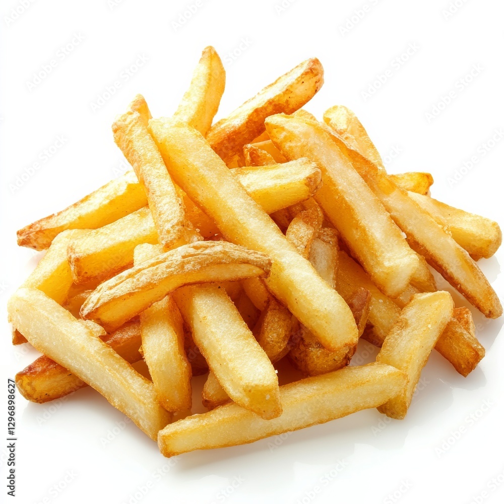 Golden Delight: A Pile of Crispy French Fries, Perfectly Fried and Ready to be Devoured on a Clean White Background Golden Delight: A Pile of Crispy French Fries, Perfectly Fried and Ready to be Devoured on a Clean White Background