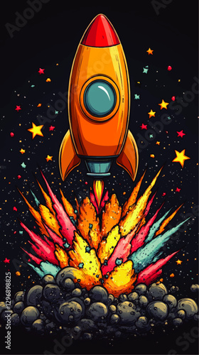 Vibrant Rocket Launch Vector Art Illustration with Stars and Explosive Colors in Space - Perfect for Creative Projects and Futuristic Themes