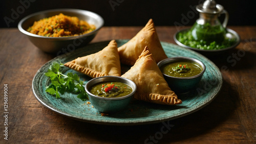 Samosas arranged neatly on a plate, showcasing their golden-brown color and crispy texture photo