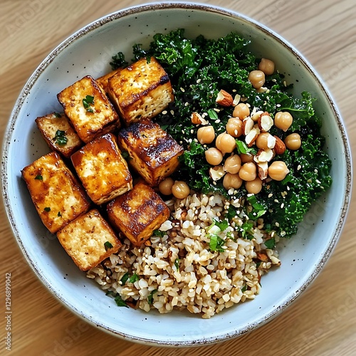 Delicious tofu grain bowl kitchen food photography cozy setting close-up healthy eating