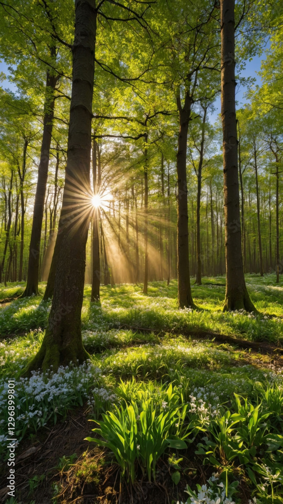 Fototapeta premium Sunlight filters through a serene forest, creating a peaceful scene with lush foliage and wildflowers.