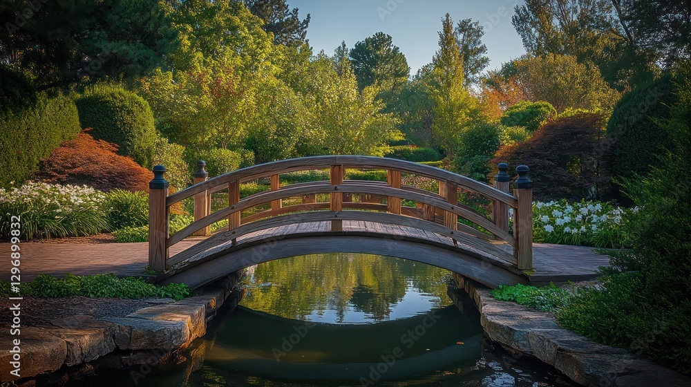 A serene wooden bridge traverses a calm pond in a garden A serene wooden bridge traverses a calm pond in a garden