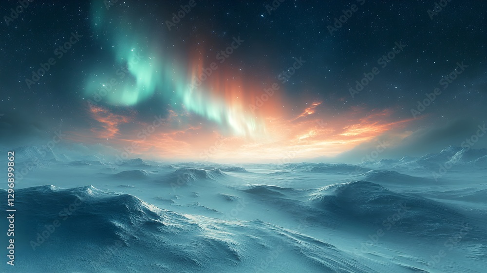 Fototapeta premium Aurora Borealis Over Secluded Snowy Field Under Night Sky – Generative AI