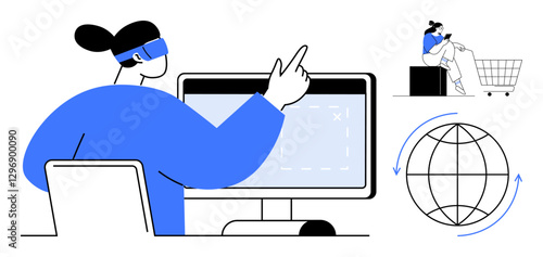 Person using VR headset at computer, another person in shopping cart, globe with arrows. Ideal for technology, virtual reality, online shopping, global connectivity, innovation, future trends
