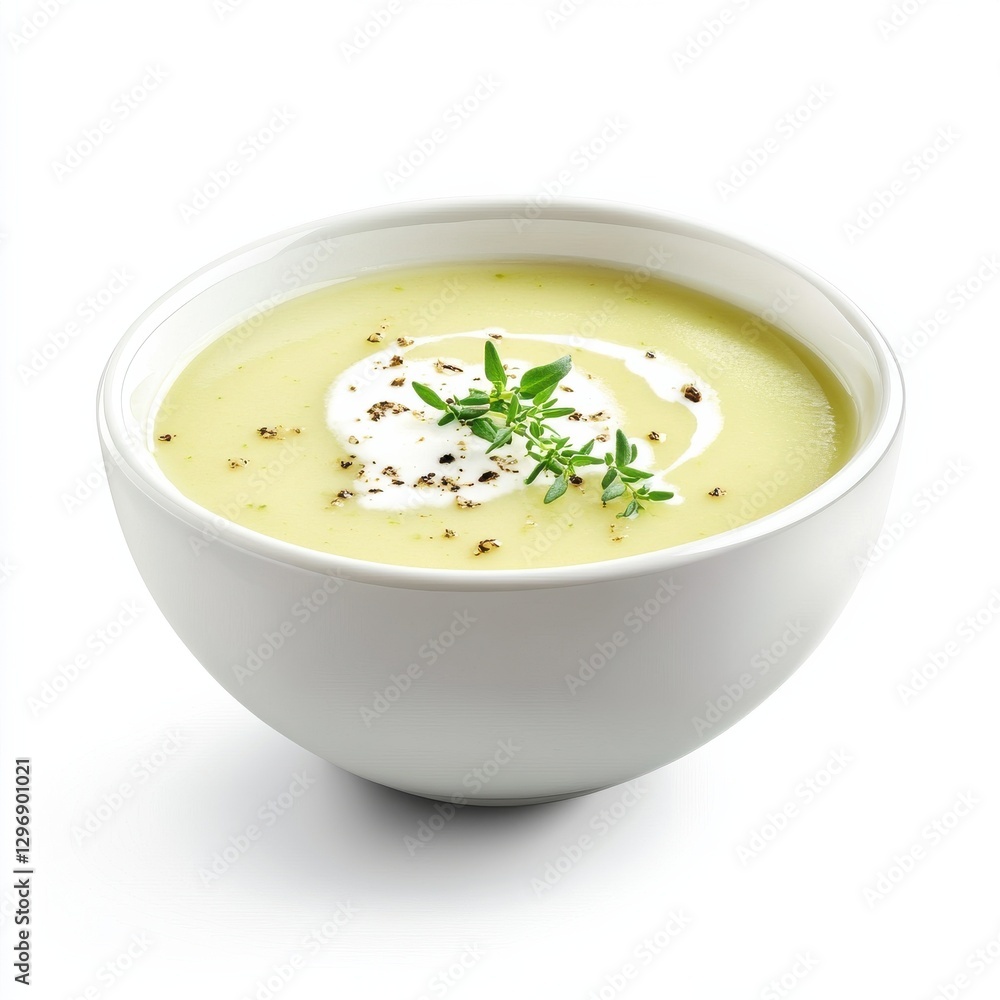 Photorealistic celery soup with cream and thyme in white bowl Photorealistic celery soup with cream and thyme in white bowl