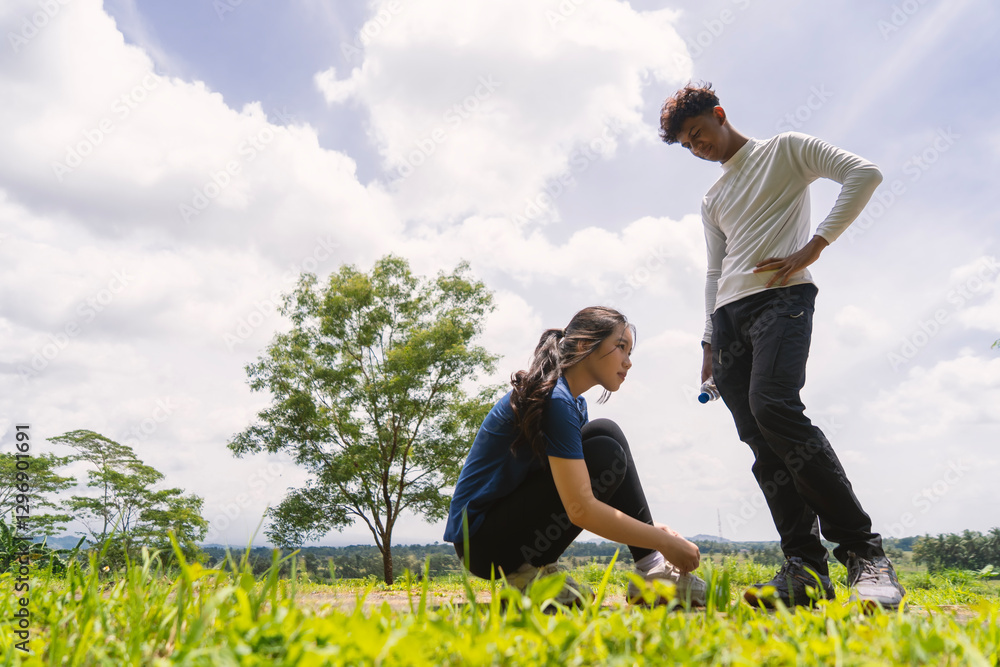 active young asian couple exercising at rural area. young woman tying her shoes while the young man waiting active young asian couple exercising at rural area. young woman tying her shoes while the young man waiting