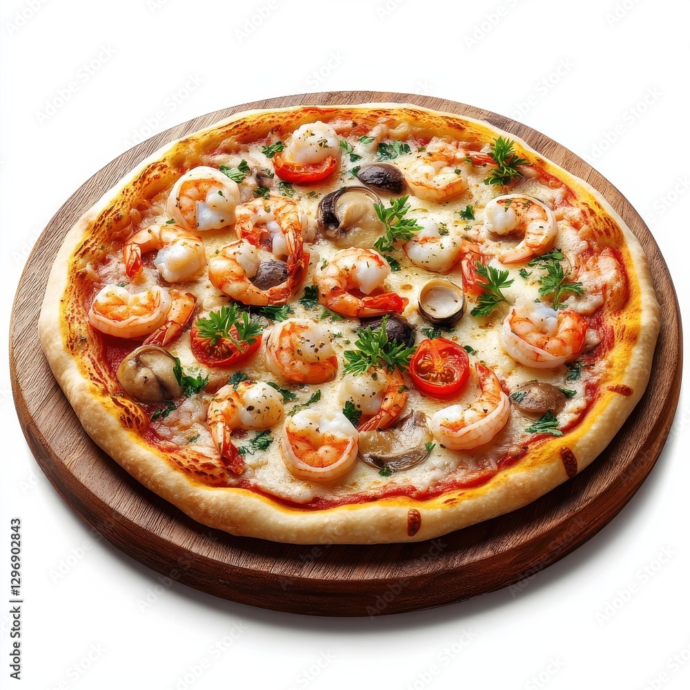 Photorealistic side view of seafood pizza on a board Photorealistic side view of seafood pizza on a board