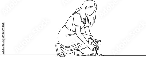 continuous single line drawing of woman planting seedling, line art vector illustration