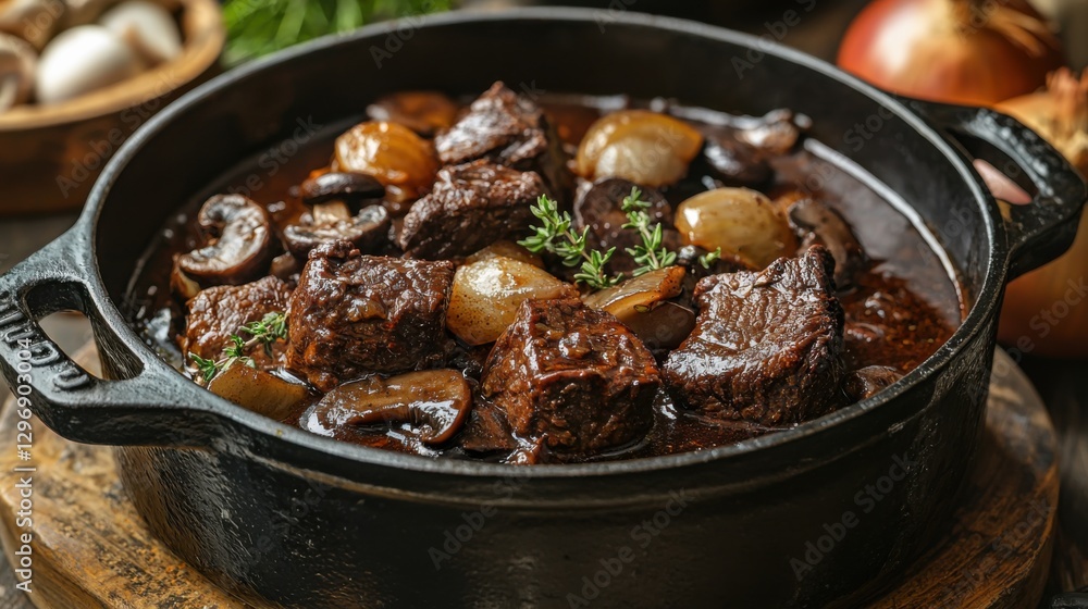 Beef bourguignon in a cast-iron pot, traditional French cuisine, warm colors, culinary heritage Beef bourguignon in a cast-iron pot, traditional French cuisine, warm colors, culinary heritage