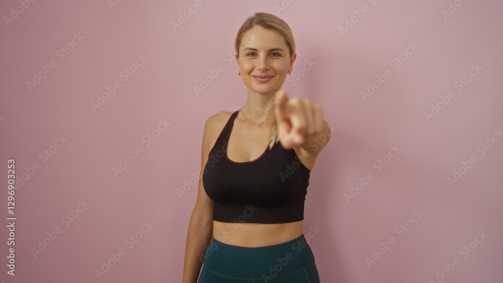 Woman pointing forward over isolated pink background wearing sports attire showcasing positivity and confidence through gesture with a friendly smile illustrating approachability. Woman pointing forward over isolated pink background wearing sports attire showcasing positivity and confidence through gesture with a friendly smile illustrating approachability.