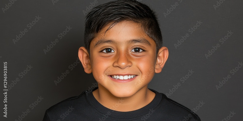 A cheerful young boy with short black hair is smiling widely in a studio setting with a dark background. His joyful expression reflects happiness and energy A cheerful young boy with short black hair is smiling widely in a studio setting with a dark background. His joyful expression reflects happiness and energy