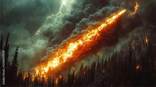 Dynamic Vector Illustration of Meteor Strike in Forest Setting with Lightning and Fire Elements Amidst Dark Atmosphere for Enchanting Visual Impact and Art Concepts