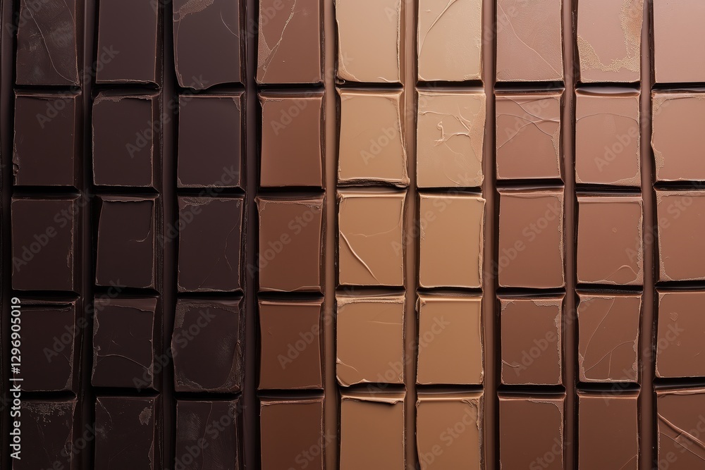 Chocolate bar squares arranged in rows, multiple flavors, different colors, texture