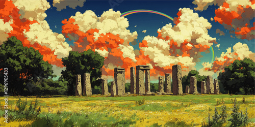 Enchanting Stonehenge Landscape Vector: Majestic Sunset Clouds, Vibrant Colors, Lush Greenery, and a Beautiful Rainbow in Serene Natural Setting