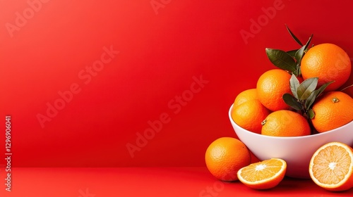 A striking image of fresh oranges stacked in a contemporary bowl, showcasing their bright color against a vivid red backdrop, perfect for food or lifestyle themes. photo