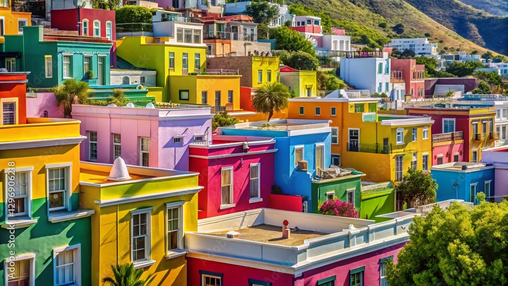 Fototapeta premium Vibrant Bo-Kaap Houses, Cape Town, South Africa: Colorful Architecture & Historic Neighborhood