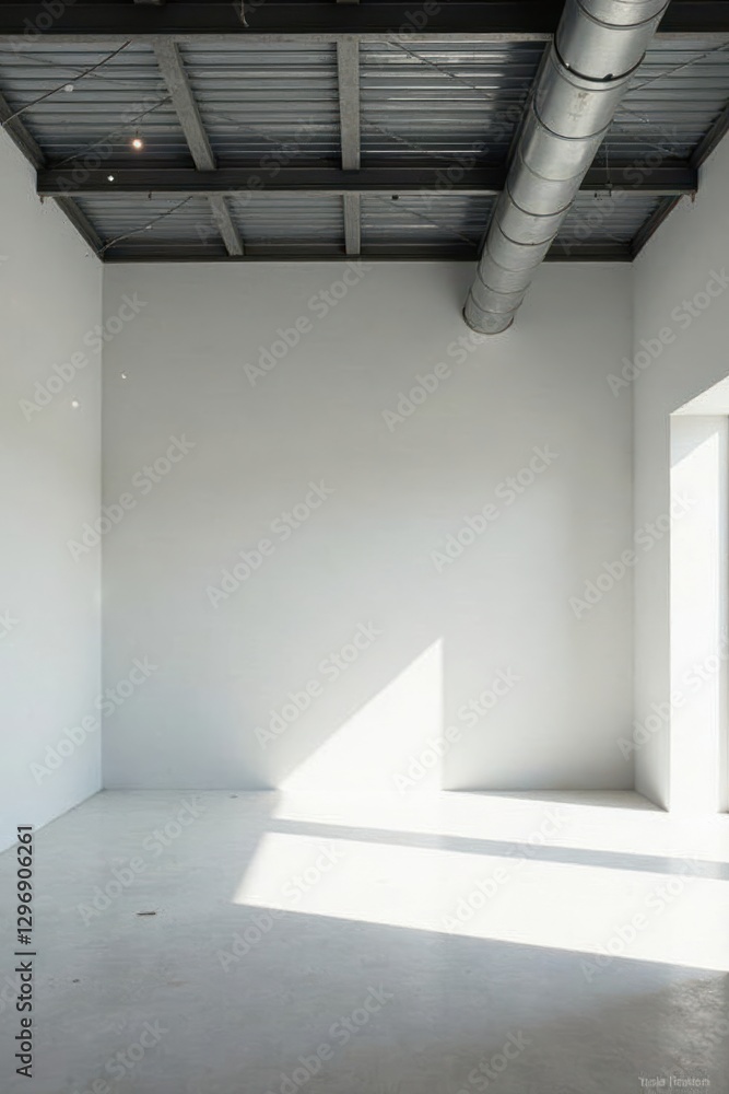 Obraz premium Sunlit Minimalist Interior Space Empty Room with High Ceiling, Metal Beams, and Industrial Ventilation