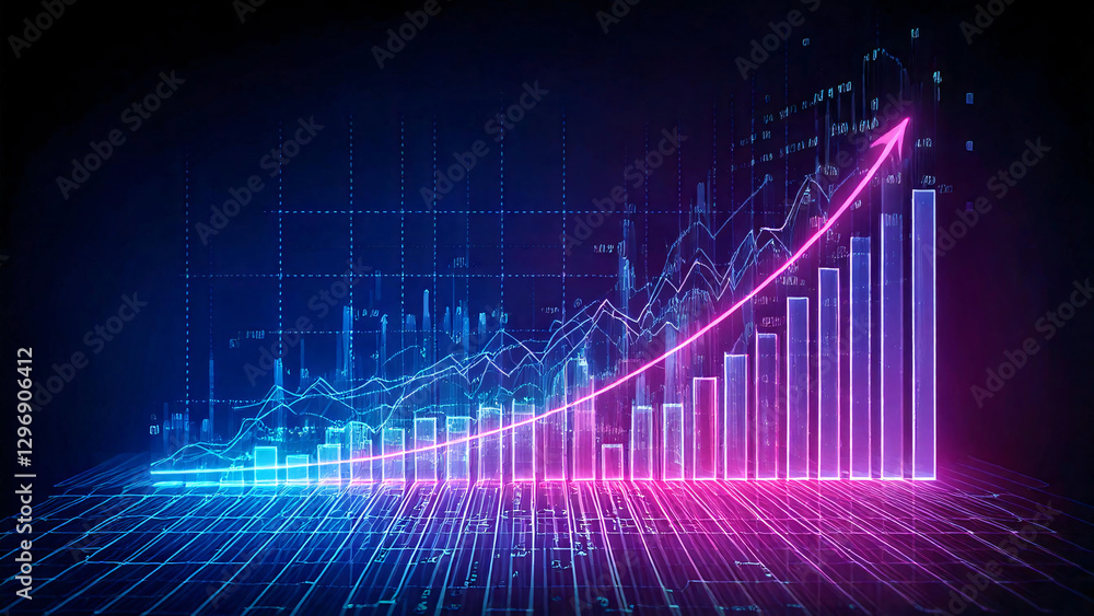 Futuristic Bar Chart with Glowing Growth Arrow and Data Visualization Futuristic Bar Chart with Glowing Growth Arrow and Data Visualization