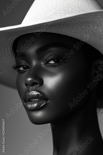 Iconic Black & White Portrait of a Woman in a Chic Hat
