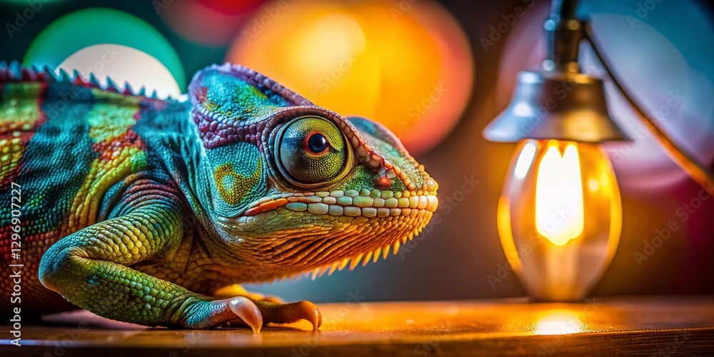 Fototapeta premium Vibrant Chameleon Close-up: Bokeh Desk Lamp, Modern Interior