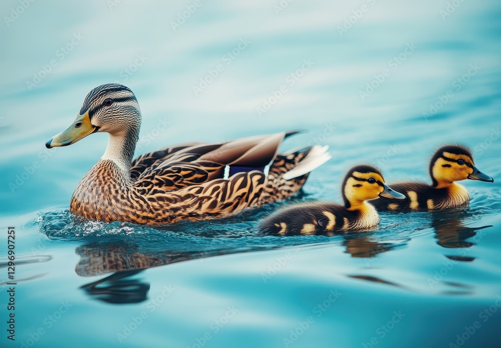 Fototapeta premium Mother Duck Swimming with Adorable Ducklings in Calm Blue Water, Showcasing Nature’s Beauty and Family Bonding
