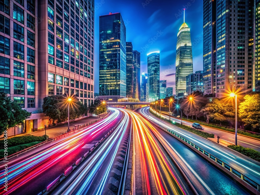 Fototapeta premium Vibrant City Lights Streaks at Night - Long Exposure Photography