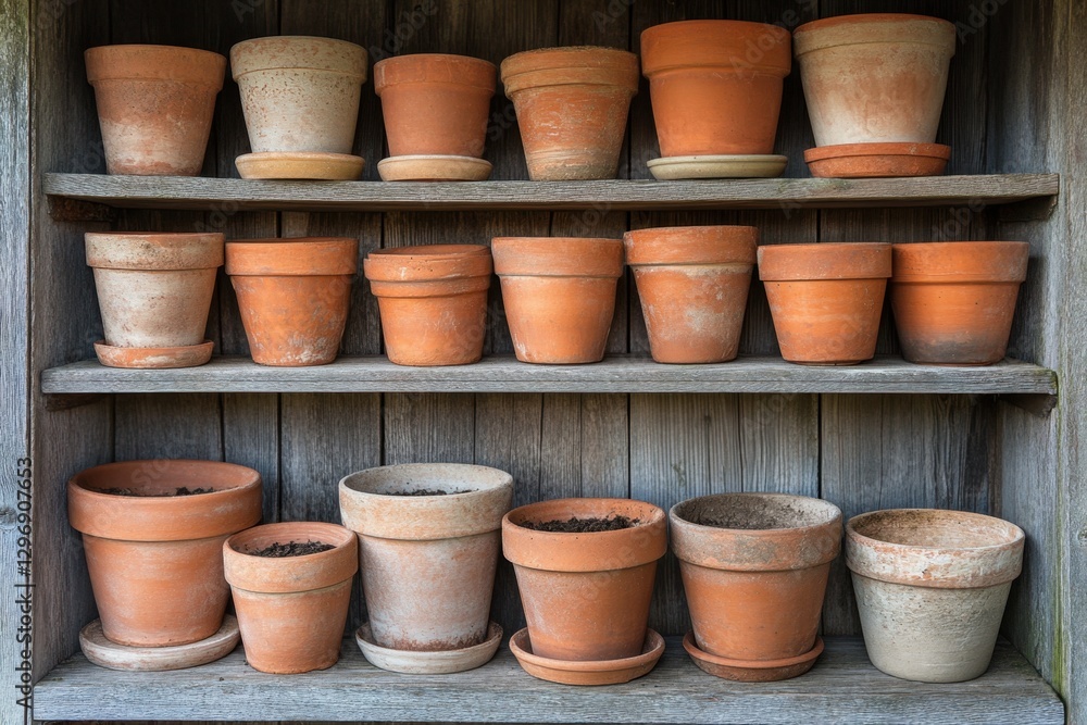 A rustic wooden shelf displays an assortment of terracotta flowerpots, some with soil, creating a charming, earthy composition. A rustic wooden shelf displays an assortment of terracotta flowerpots, some with soil, creating a charming, earthy composition.