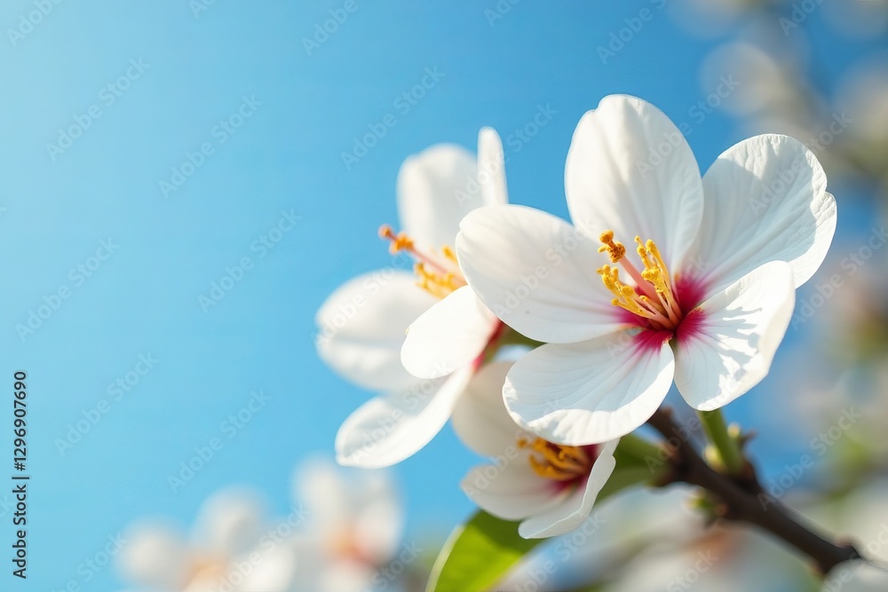 Fototapeta premium Beautiful white apricot flowers against blue sky, beautiful, tree