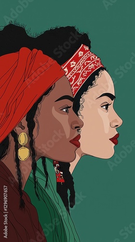Two women profile art, teal background, headshots, fashion illustration