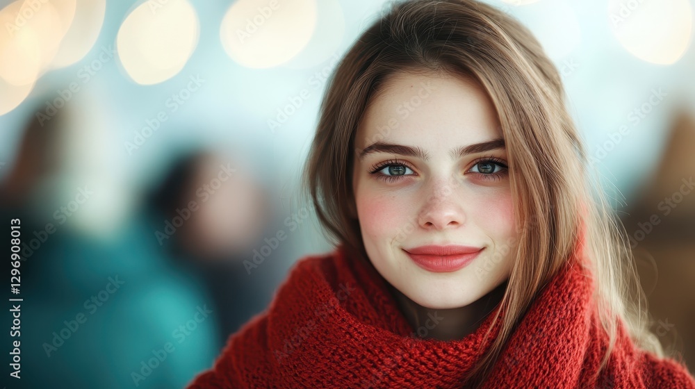 This portrait highlights a young woman with a vibrant red scarf and a warm smile, set against a bright, blurred background that reflects her joyful essence and youthful spirit. This portrait highlights a young woman with a vibrant red scarf and a warm smile, set against a bright, blurred background that reflects her joyful essence and youthful spirit.