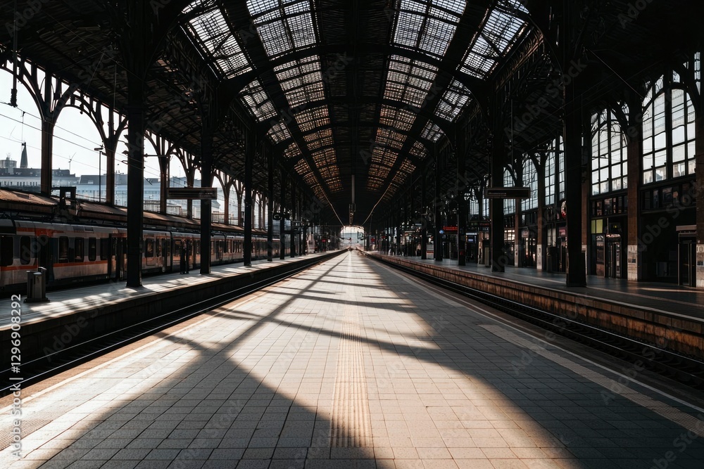 Empty platform inside a train station with sun lighting up the floor. Empty platform inside a train station with sun lighting up the floor.