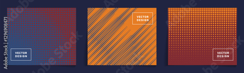 Cover templates with halftone structure patterns vector bunch. Geometric notebook cover pages. Abstract backgrounds for education projects. Layered typography.