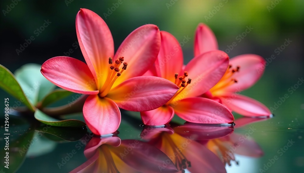 Fototapeta premium Close-up of alstroemeria flowers with vibrant colors and reflections on water surface, water, vibrant